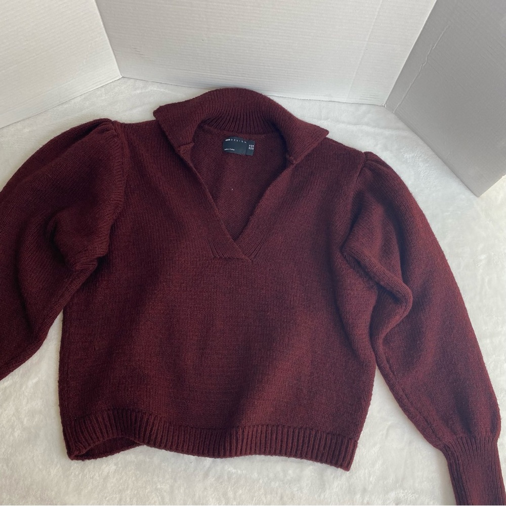 ASOS Long Sleeve Collar Knitted Sweater in Burgundy Size 10 - Picture 8 of 13